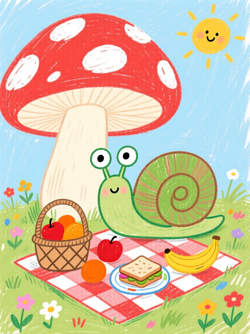 A curious snail having a picnic beneath a giant mushroom.