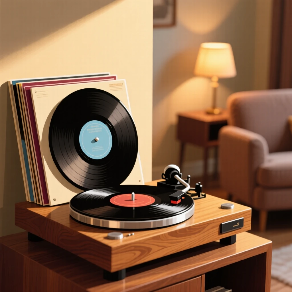 A stack of vinyl records leaning against a turntable, set within a cozy, warmly lit room, composed with soft diagonal lighting for depth, with soft golden light highlighting fine craftsmanship.