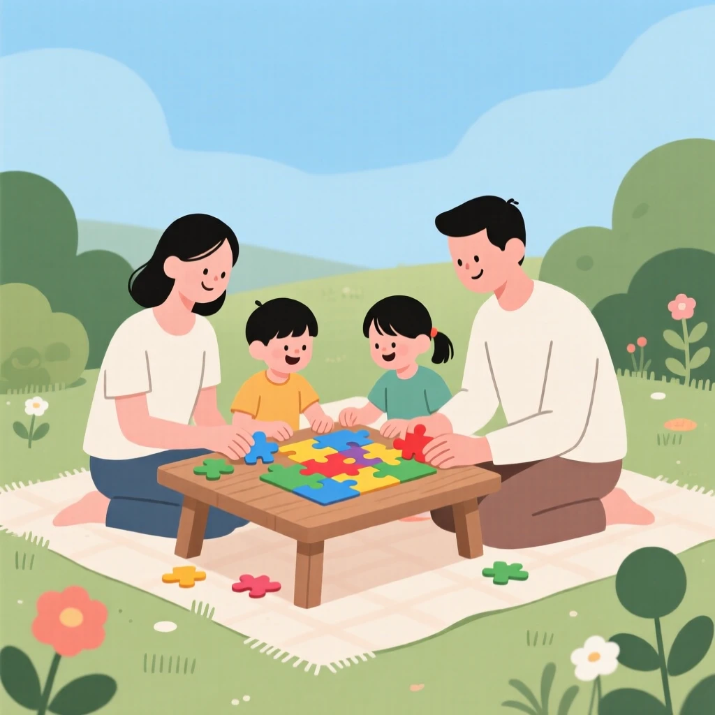 A family putting together a puzzle together in the garden.