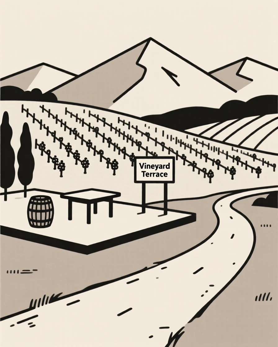 A journey through a countryside dotted with vineyards toward a vineyard terrace, passing distant mountain peaks, full of peaceful escape.