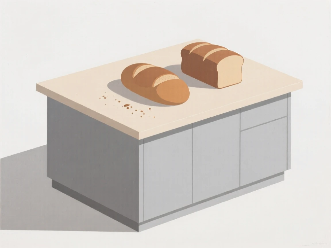 A kitchen island with fresh baked bread