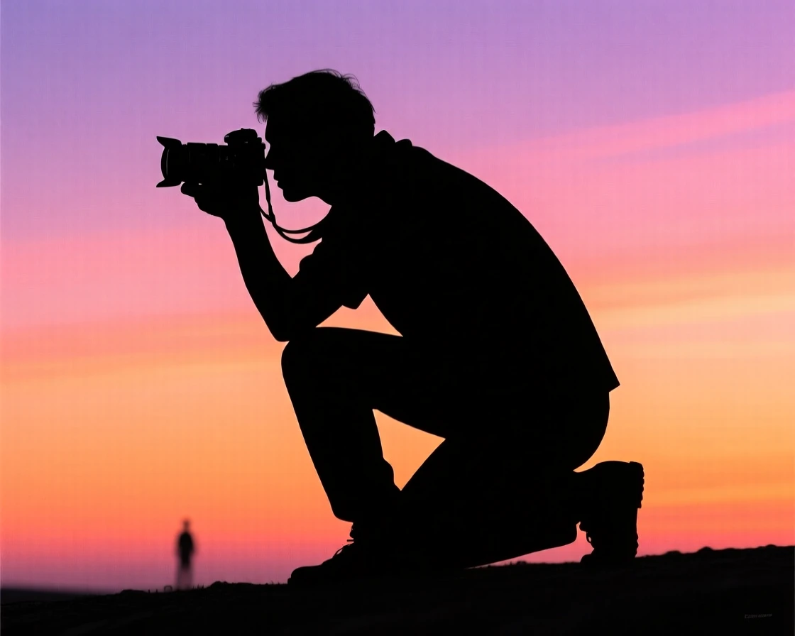 A photographer crouched low, camera raised toward a distant subject.