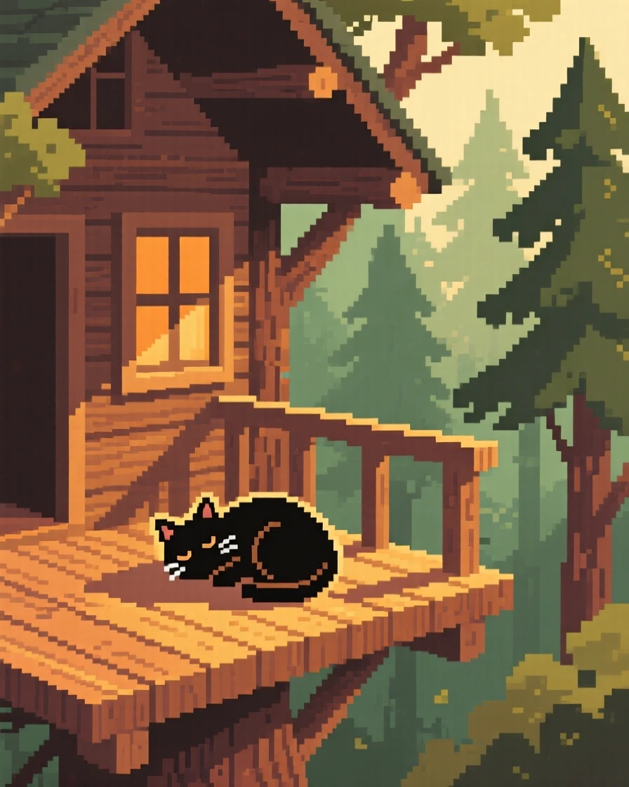 A cabin porch holding a sleeping cat curled in sunlight, in a treehouse overlooking a quiet forest.