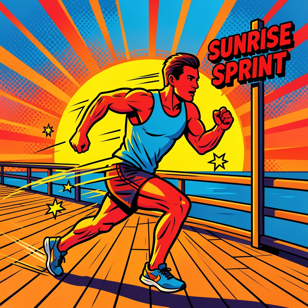 A runner sprinting along a sunrise-lit boardwalk