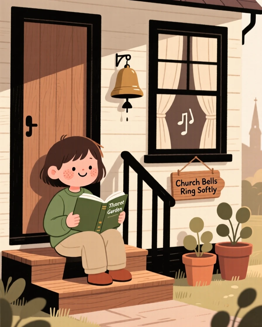 A quiet reader sits on the porch steps practicing a favorite novel, fully absorbed as distant church bells drifts through the open window.