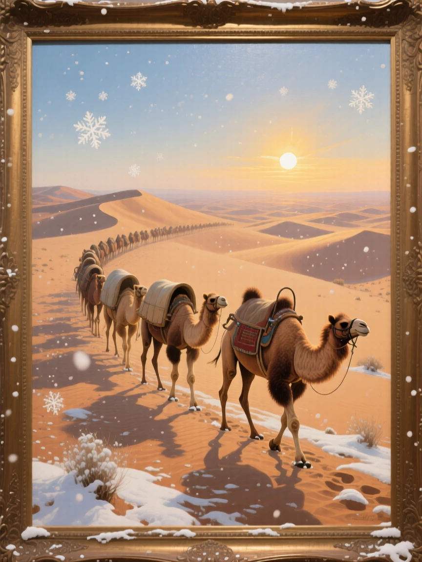 A well-framed scene of a caravan of camels crossing a vast desert under a blazing sun, in late afternoon, in gentle falling snow.