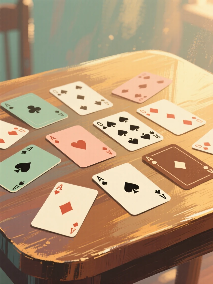 A collection of vintage playing cards spread across a table