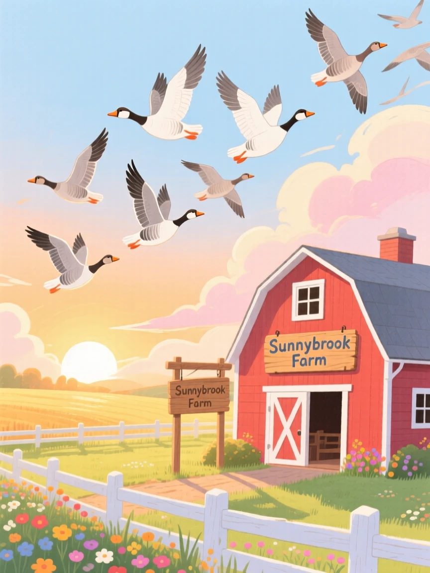 A flock of geese flying south exploring a sunlit farmyard at sunrise.