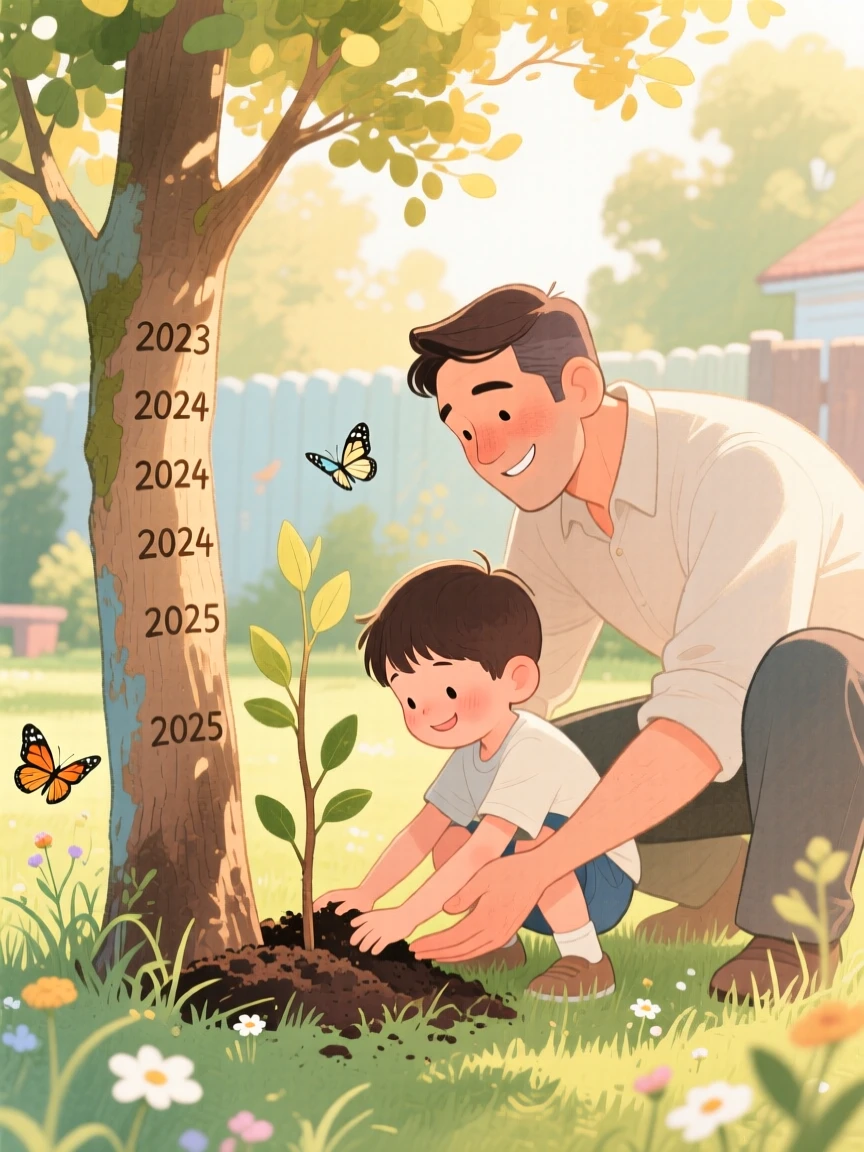 A little boy planting a tree with his father, marking his growth on its trunk each year, surrounded by gentle, golden light, radiating kindness, hope, and heartfelt emotion.