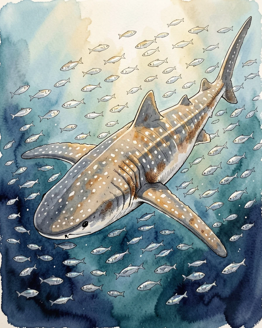 A whale shark gliding slowly through a school of small silver fish, warm light catching the texture of fur and feather alike.