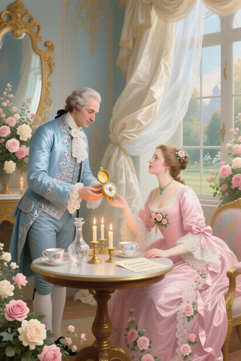 A gentleman offering a lady a tiny locket at a candlelit supper  