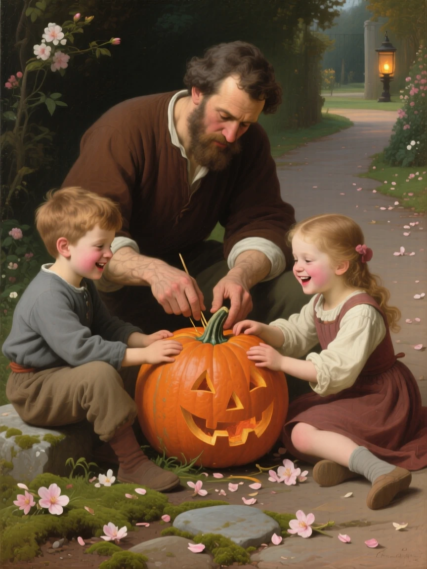 A father carving a pumpkin with his delighted young children as laughter and love fill an otherwise ordinary afternoon, set beside a garden path scattered with fallen blossoms, with small, telling gestures like a held hand or a shared glance; warm, low light wraps the family in a comforting glow, filled with gentle joy and quiet devotion.