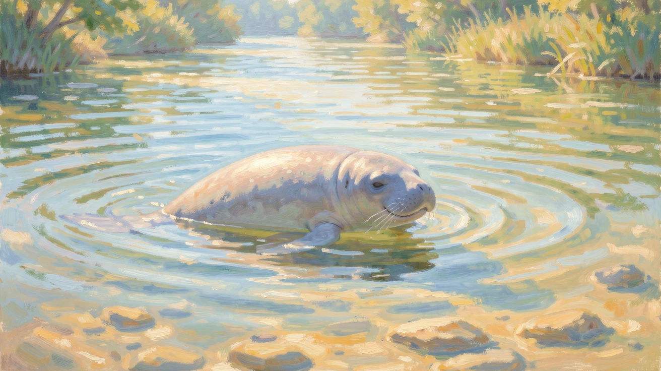 A gentle manatee gliding through the clear, sunlit waters of a quiet spring-fed river, radiating serenity and gentle stillness.