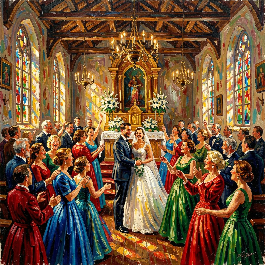 A crowded chapel during a joyful wedding ceremony, sunlight streaming through tall windows.