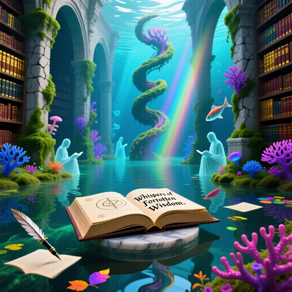 A forgotten library sunk quietly beneath a still, clear lake waits patiently, untouched by the passage of centuries, as moss and wildflowers creep gently across old stone.