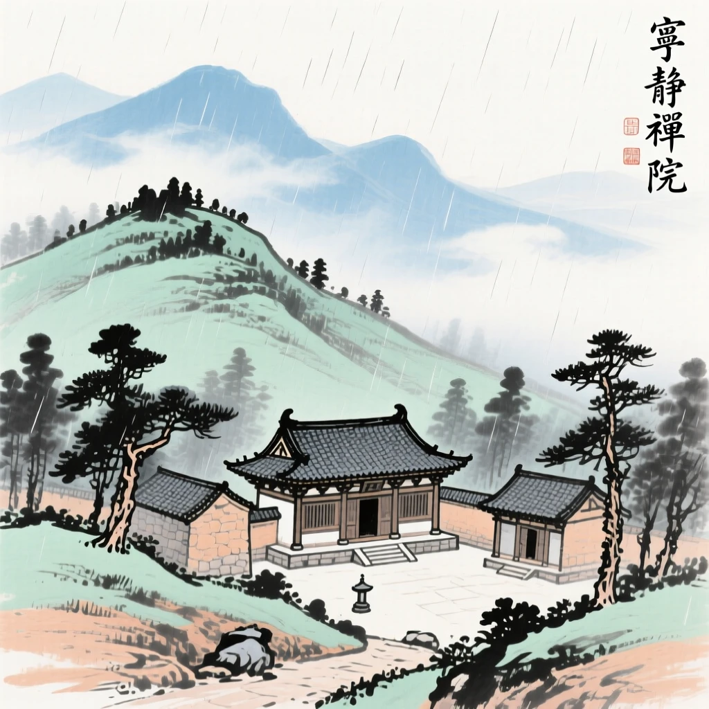 A hillside monastery wrapped in drifting cloud, just after a rain shower, full of quiet reverence.