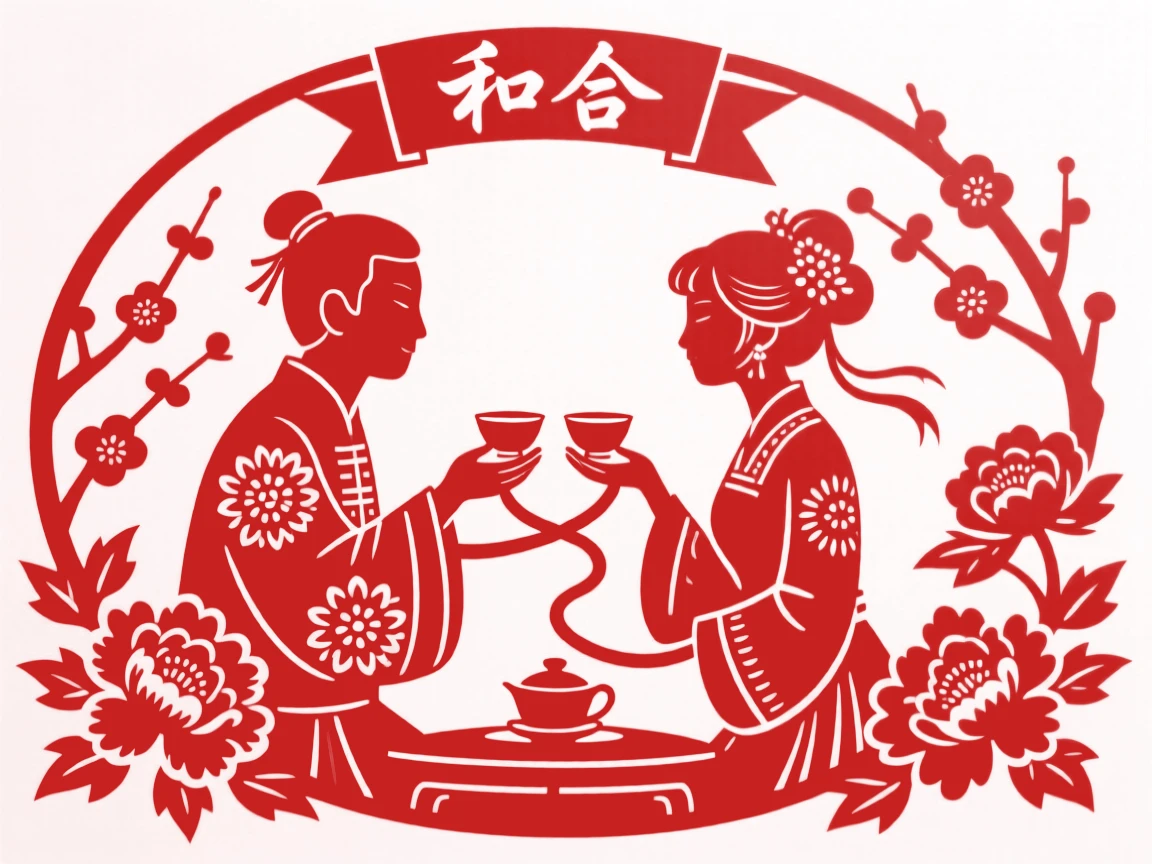 A couple exchanging cups of wine tied together with red silk thread during a traditional tea ceremony