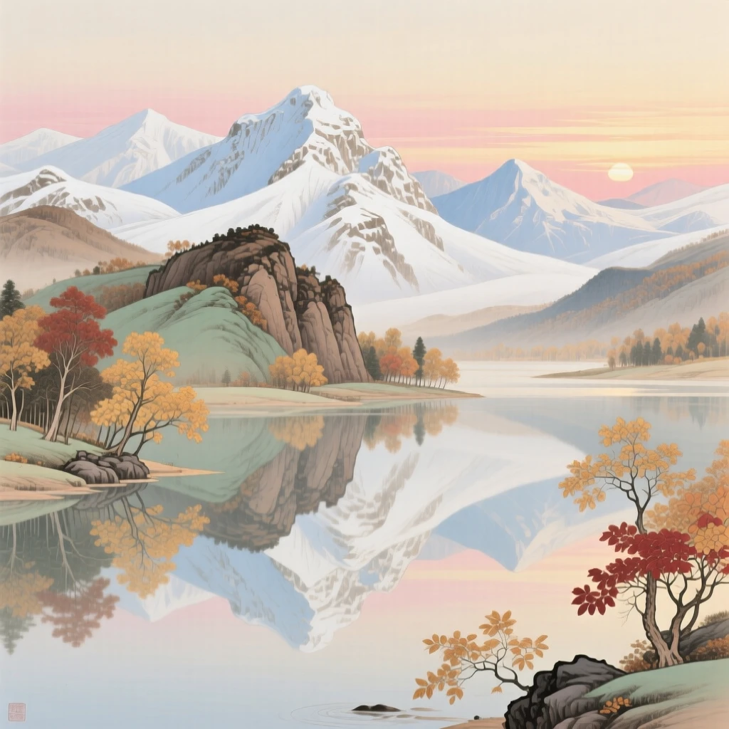 Snow-capped mountains reflected in a still autumn lake, with the first light of dawn touching the horizon