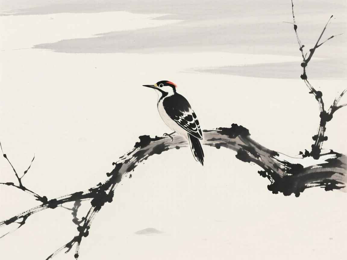 A woodpecker perched on a bare winter branch against a pale, empty winter sky, silhouetted softly against the fading light, carrying a quiet, poetic stillness.