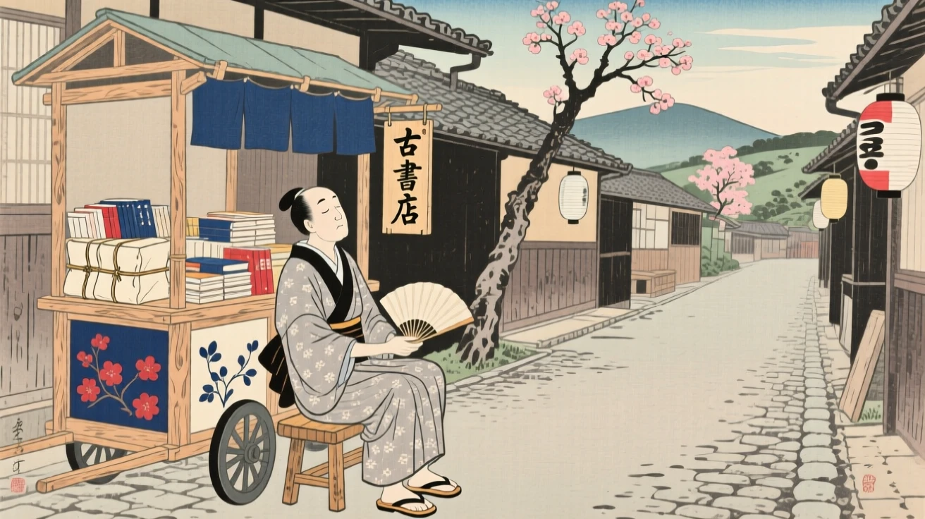 A bookseller resting beside a cart on a quiet side street.