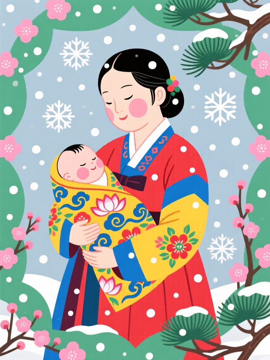 A mother carrying a baby wrapped in bright cloth during a gentle snowfall.