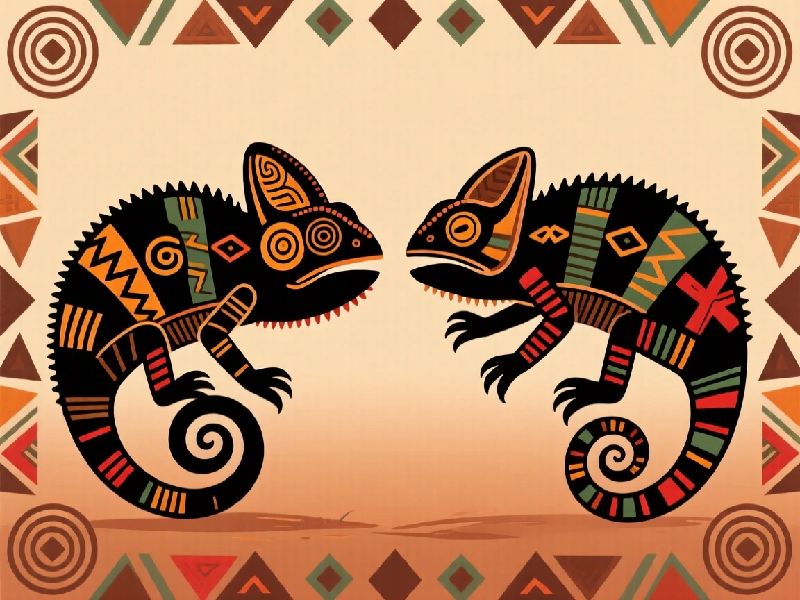 A chameleon facing off with a rival.