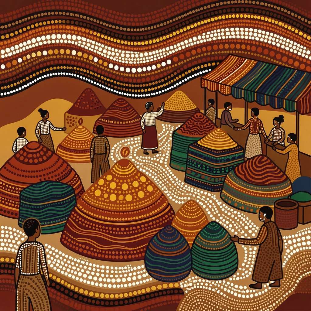 A market bustling with colorful spices and textiles