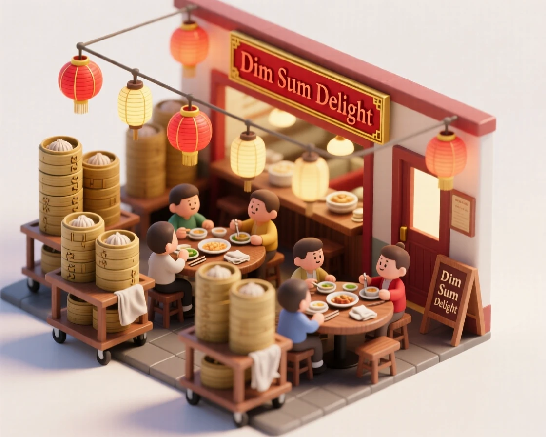 A bustling dim sum restaurant with steaming bamboo baskets stacked high, carts wheeling between tables, and lanterns glowing above.