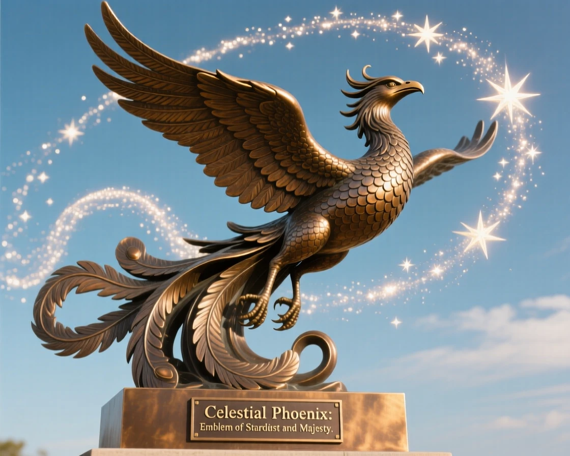 A celestial phoenix trailing stardust across the sky, with intricate scale and feather detail, radiating awe and grandeur