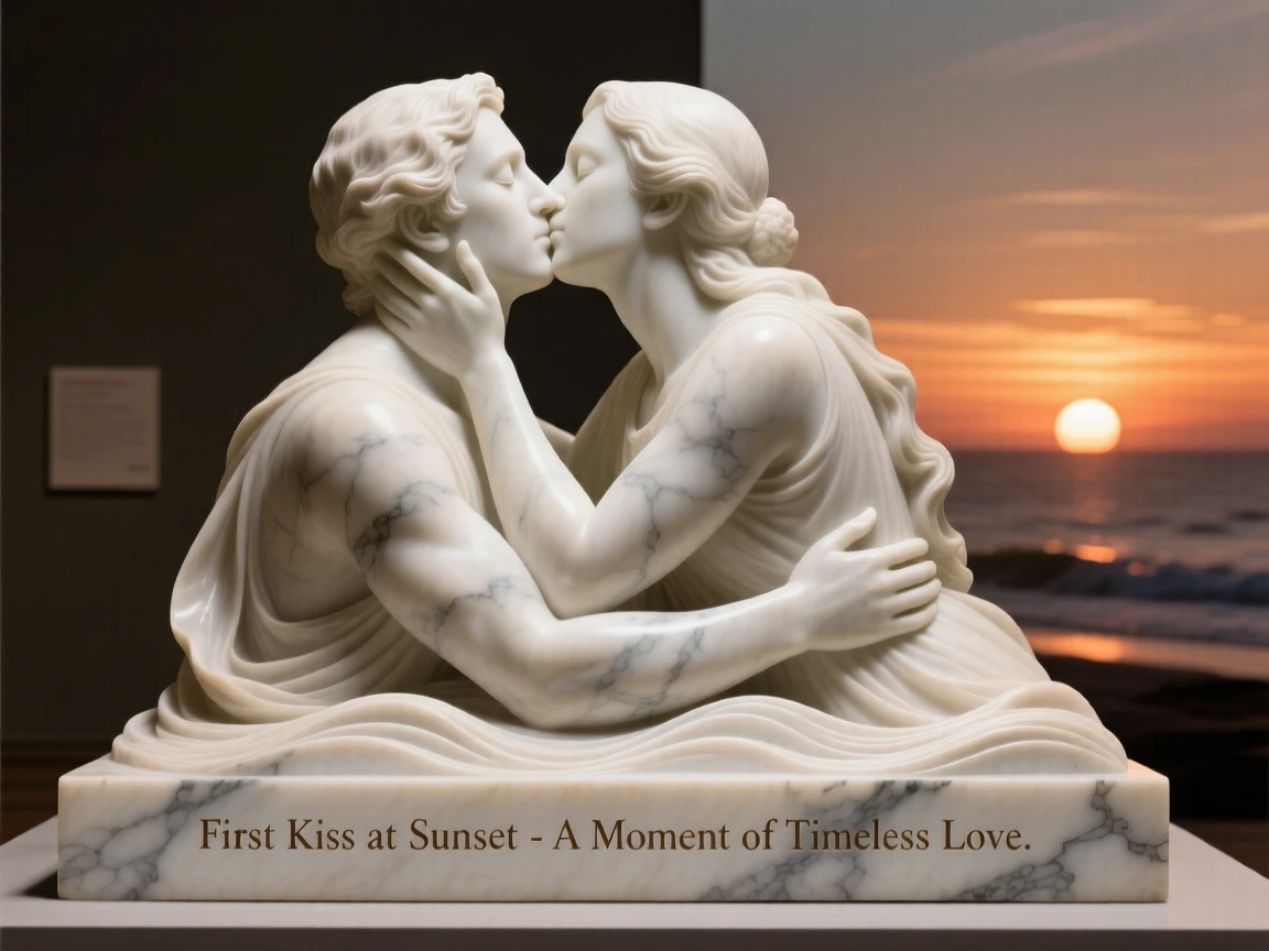 A heartfelt moment showing a couple sharing their first kiss at sunset, radiating love and genuine human emotion