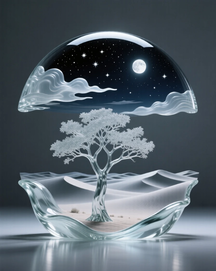 A starry desert night with a lone silhouetted tree under a dramatic sky with shifting clouds, wide panoramic composition, feeling expansive and awe-inspiring.
