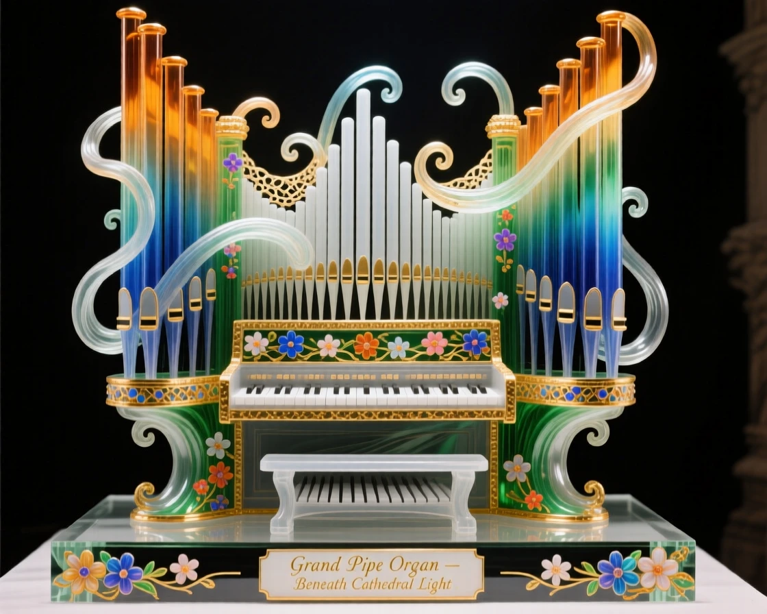 A grand pipe organ glowing beneath cathedral light, majestic and resonant.