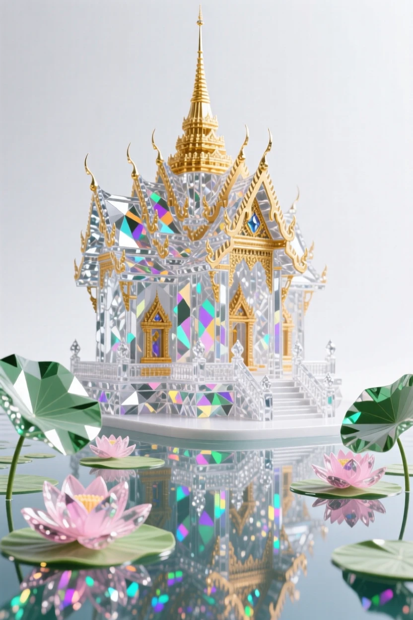A traditional Thai temple with gilded spires reflected in a still lotus pond.