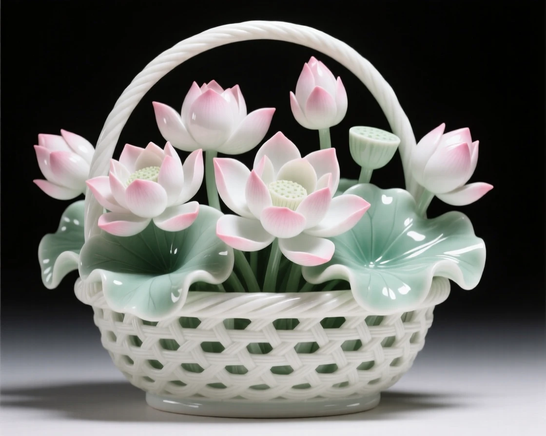A lush arrangement of lotus blossoms in a woven basket, petals unfurling in soft layers.