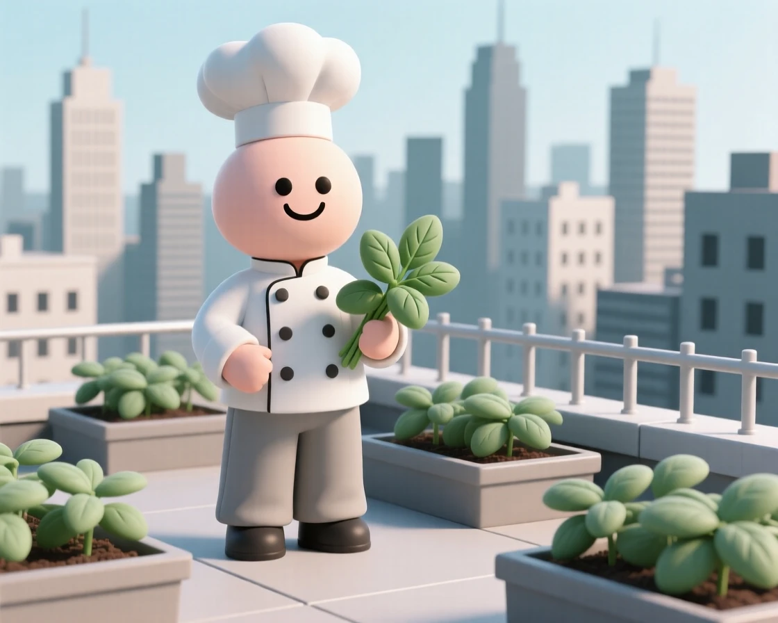 A cheerful chef harvests fresh basil from a rooftop herb garden overlooking a bustling city skyline.