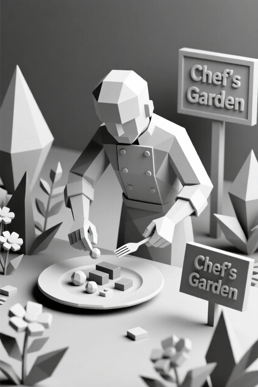 A chef carefully plating an elegant dish, amid a quiet, colorful garden. the composition balances subject and open space. It captures a feeling of personal accomplishment.