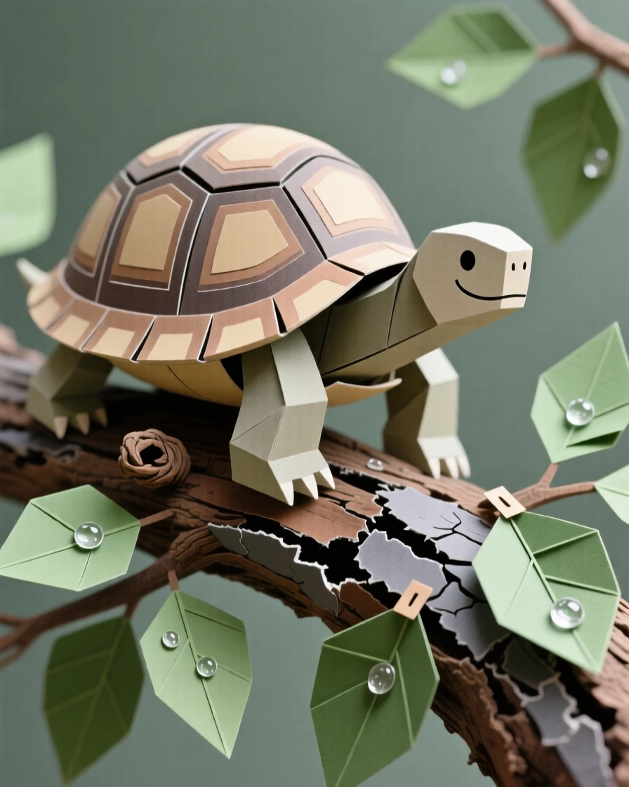 A gentle giant tortoise perched on a weathered branch, with dew glistening on nearby leaves, evoking tenderness and family bonds.