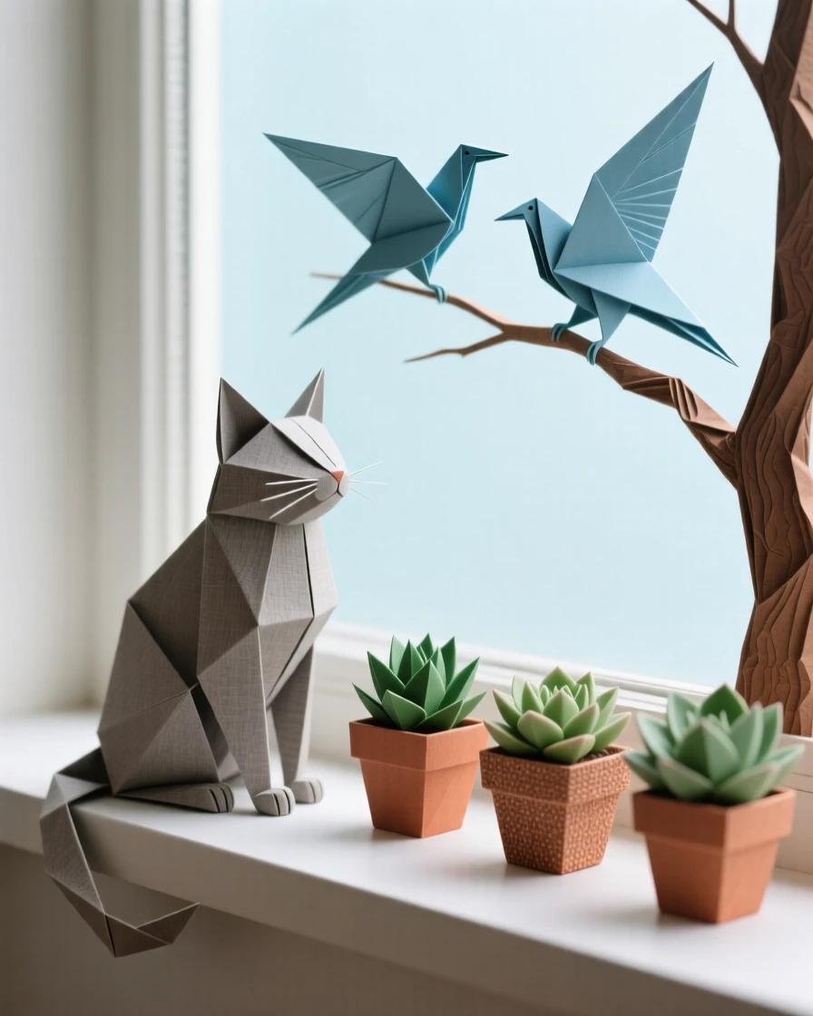 A cat watching birds from a windowsill lined with potted succulents.