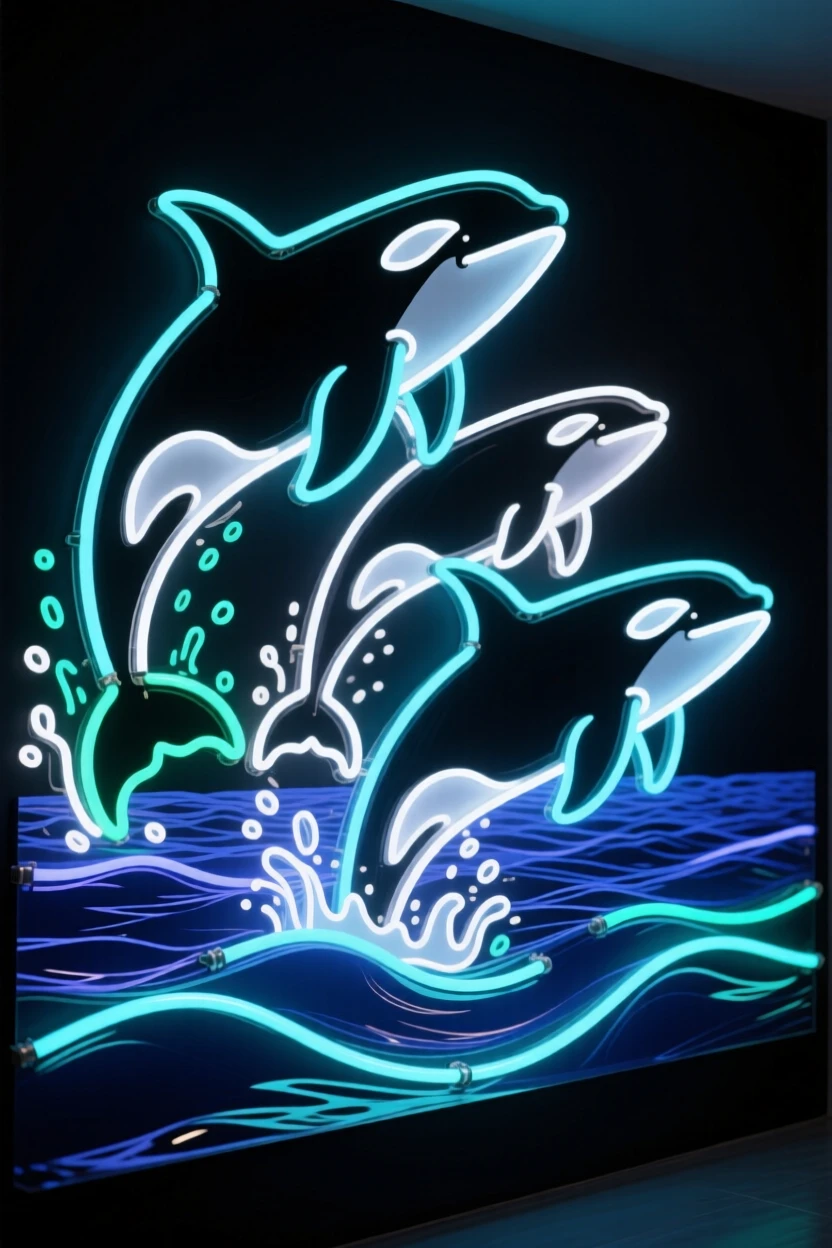 A pod of orcas breaching in open ocean water.