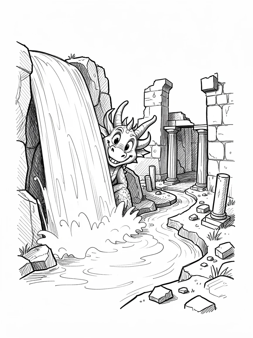 A dragon peeking out from behind a waterfall beside a river winding through ruins.
