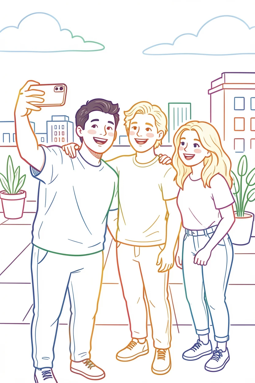 A group of friends taking a selfie together at a rooftop gathering.