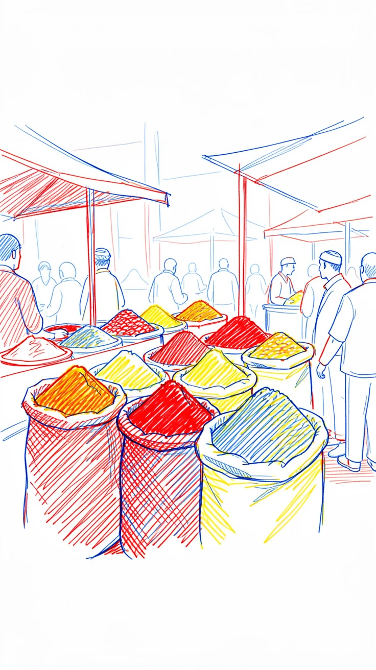 A bustling spice market with sacks of vivid colored powders on display