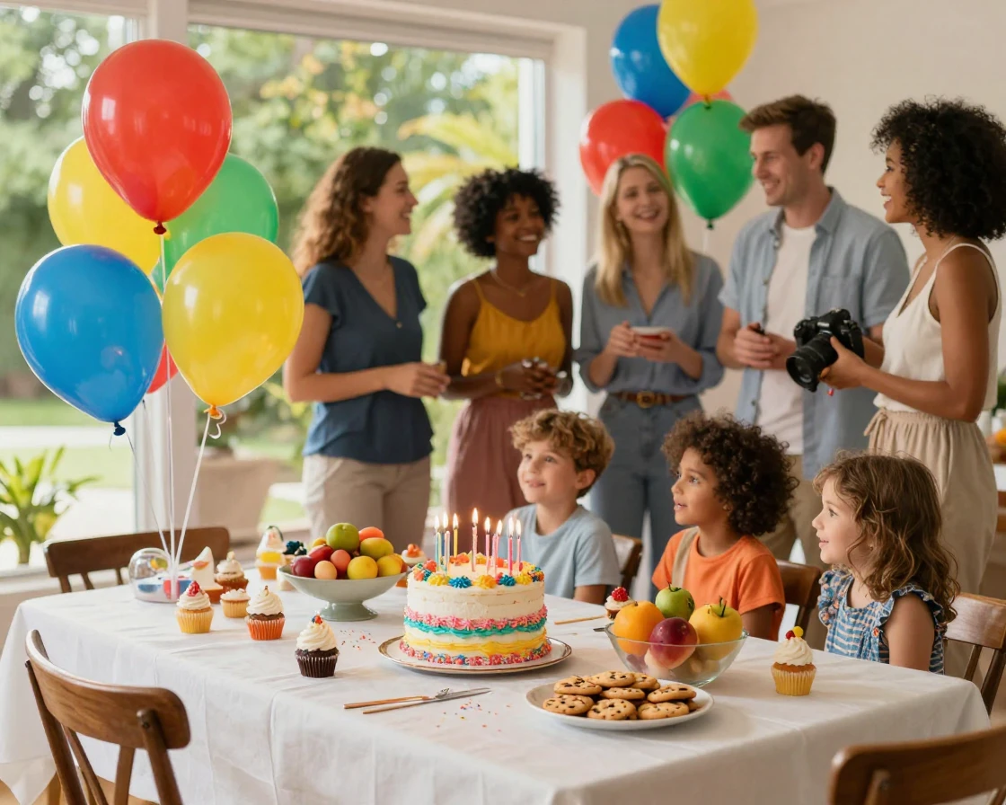 A birthday party with balloons and a table full of cake