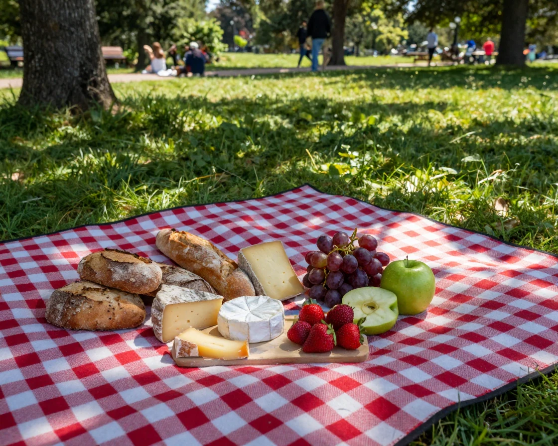 A picnic spread of cheese, bread, and fruit is laid across a checkered blanket in a park.