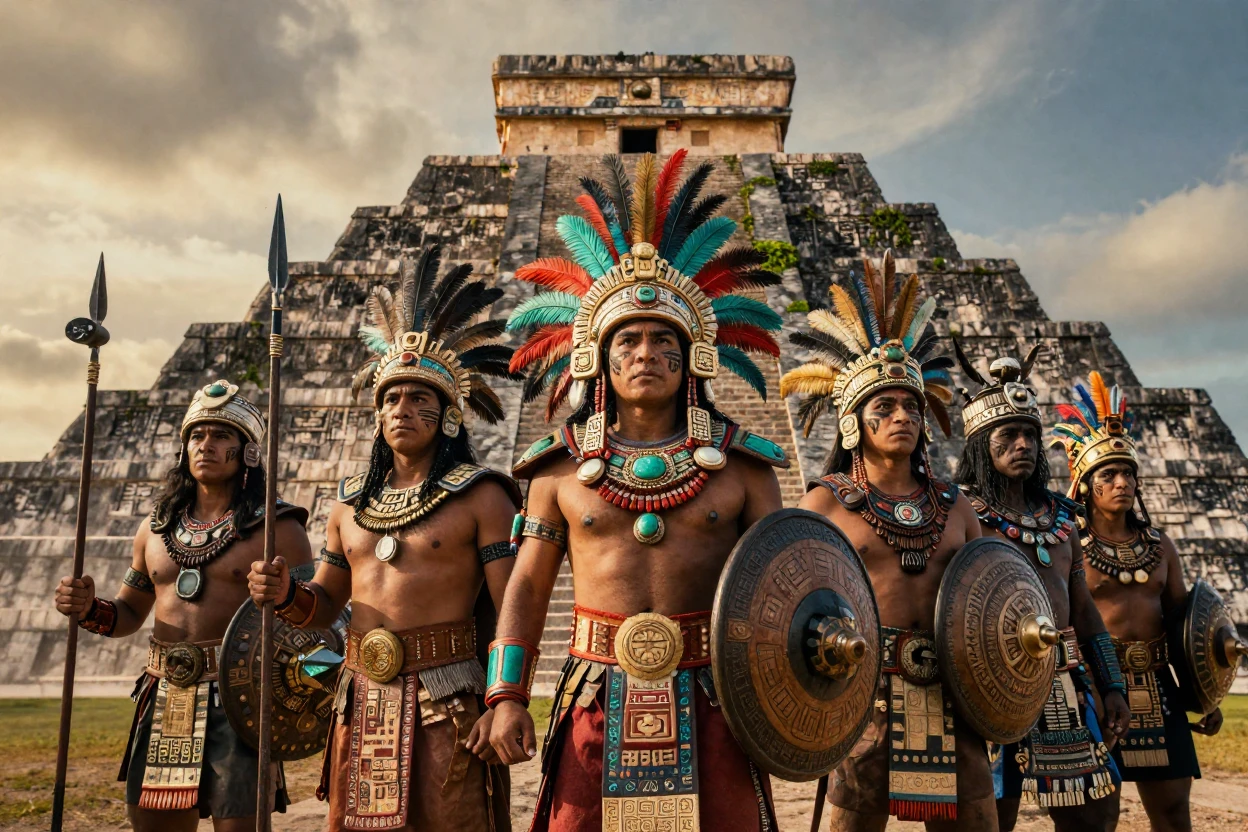 A group of Aztec warriors standing before a towering stone pyramid