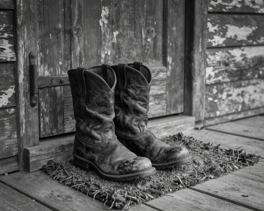 A pair of worn work boots sits by a farmhouse door on a weathered porch mat.
