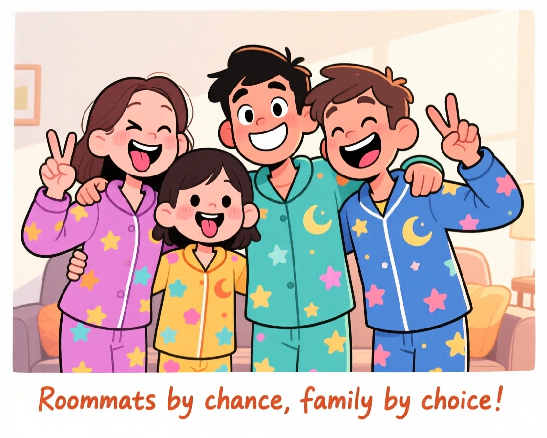 A heartwarming scene of roommates turned best friends posing for a silly family photo with everyone making funny faces, with warm smiles and matching pajamas.