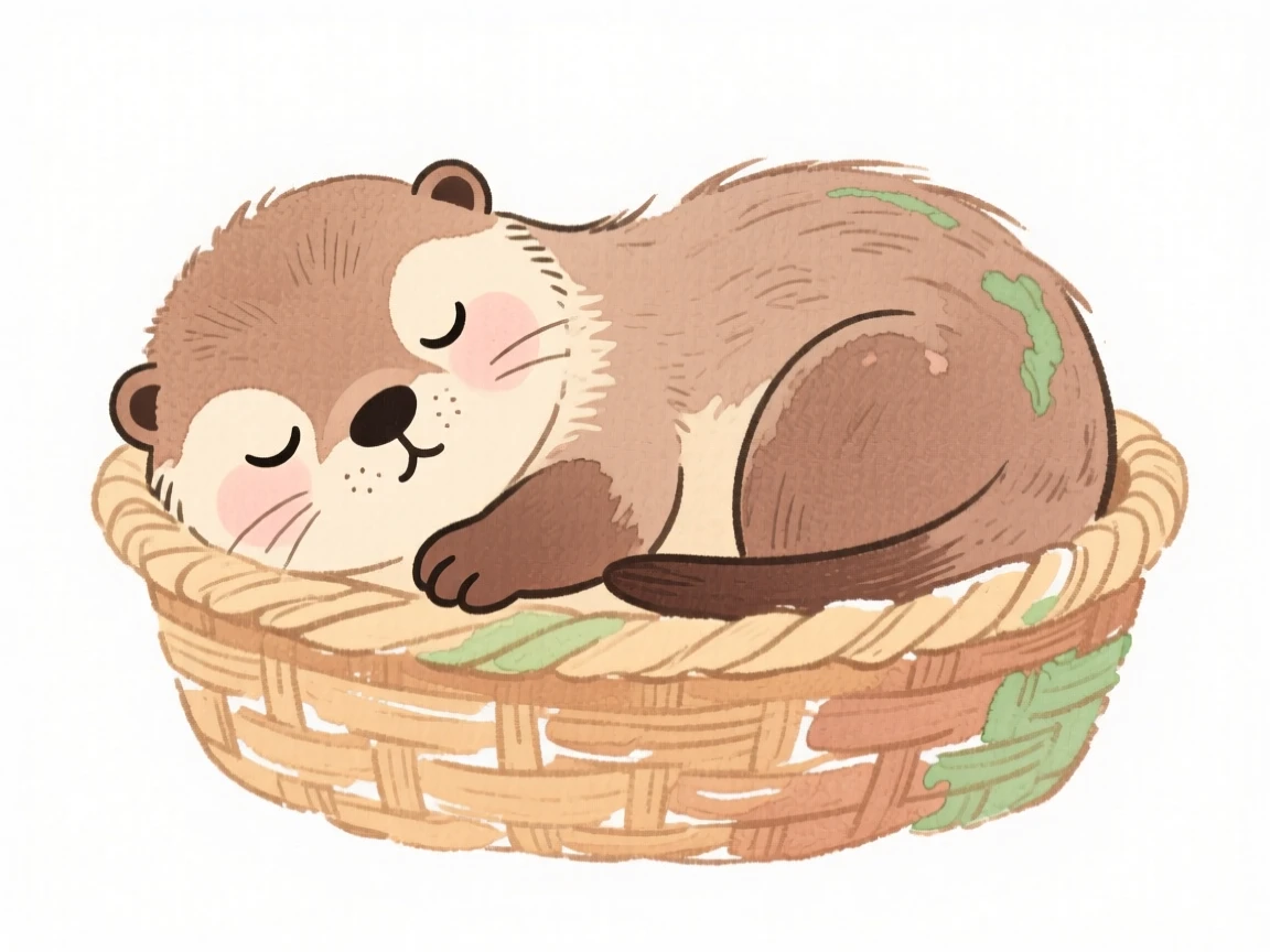 A baby otter curled up asleep in a cozy basket