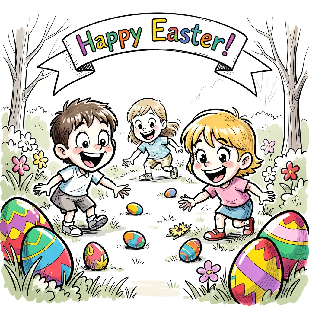 [Seasonal Holidays & Celebrations] Festive scene of children hunting for colorful eggs in a sunny Easter garden, full of celebration and joy