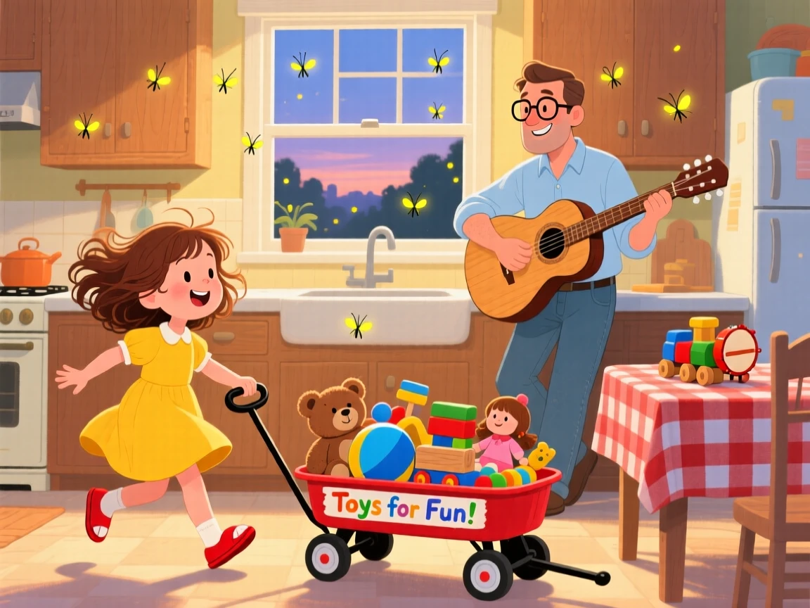 A girl with a wagon full of toys spends the afternoon dancing in the kitchen while music plays with his father, as fireflies begin to twinkle.